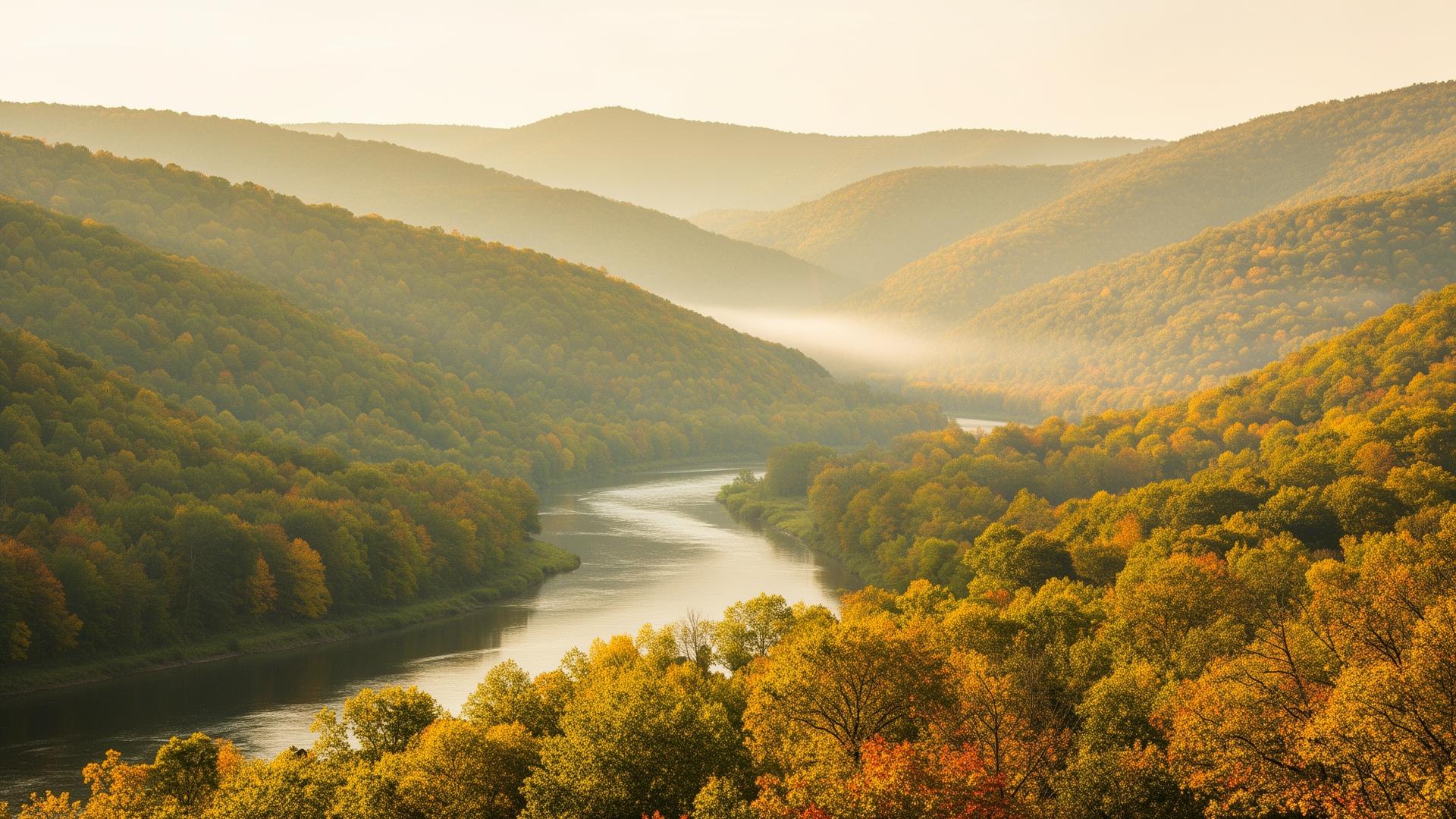 The Kanawha River winding through the rolling Appalachian hills of West Virginia